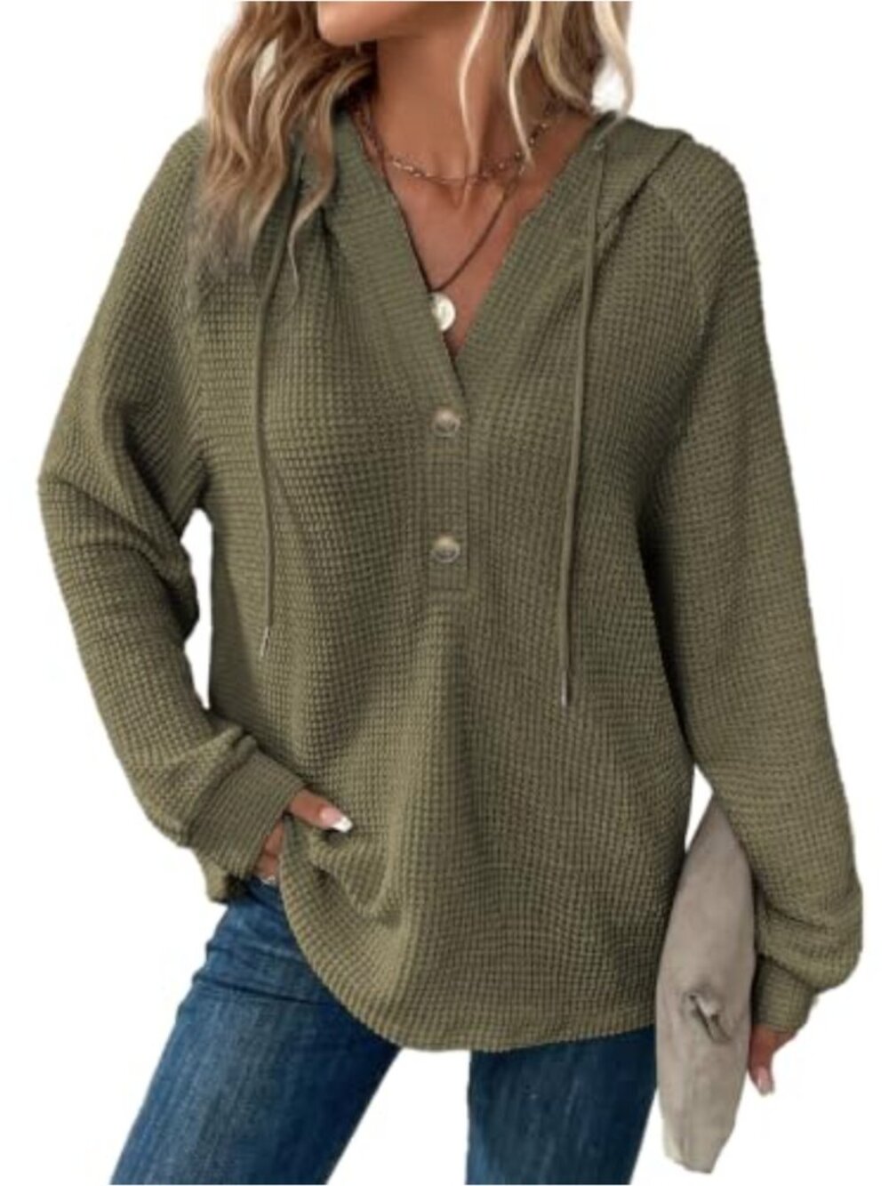 Waffle Knit Button V Neck Pullover Hoodie Oversized Sweatshirt